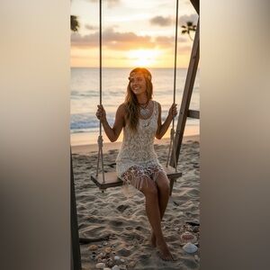 Free People Intimately Floral Crochet Lace Fringe Mini Dress /coverup